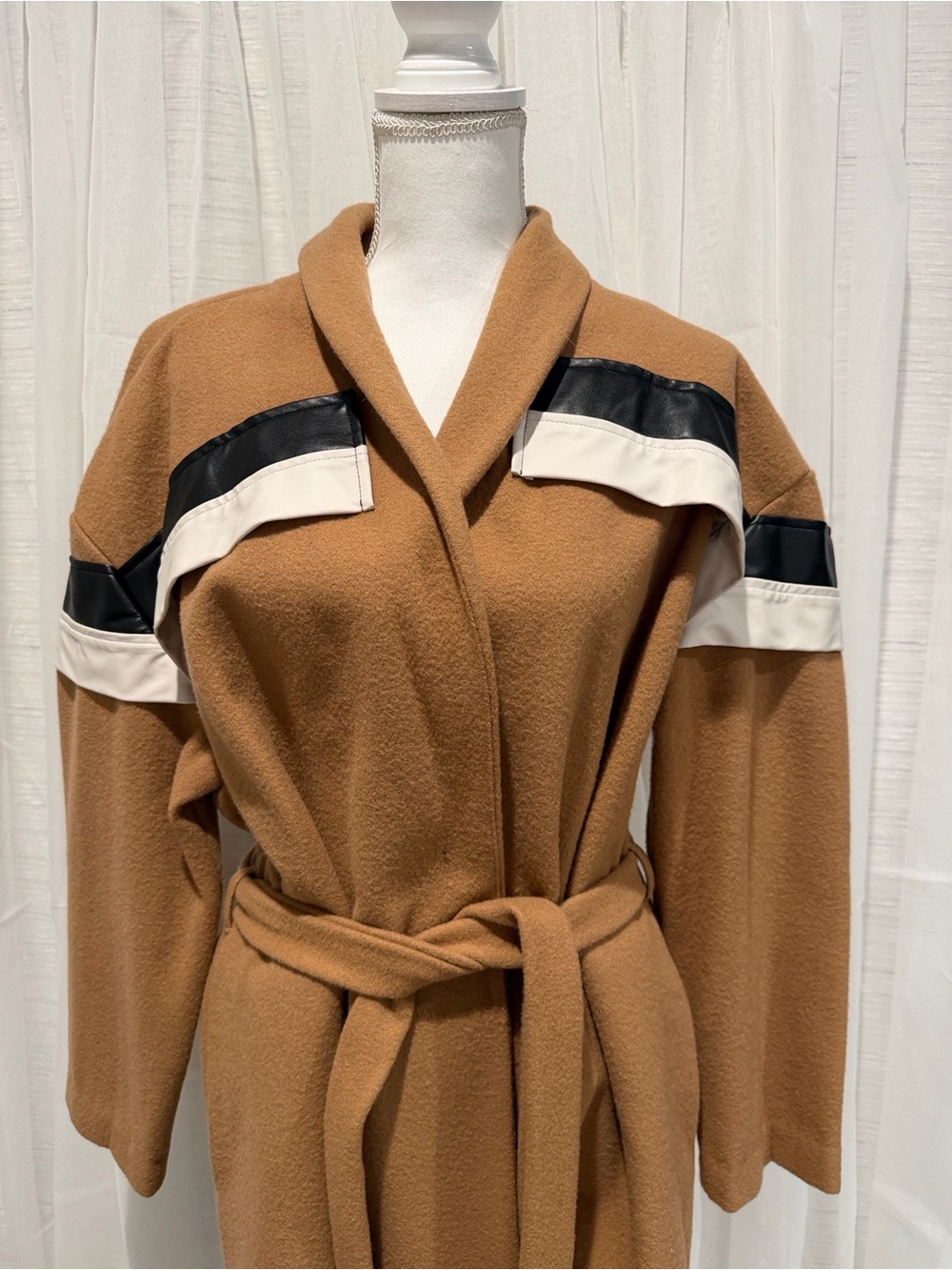 Womens Camel Belted Long Coat with Black & Cream Trim - Picture 4 of 7